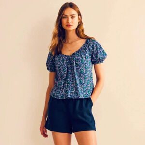 Boden Blue Botanic Vine Deep Crop V-Neck Swing Top Blouse Size 14